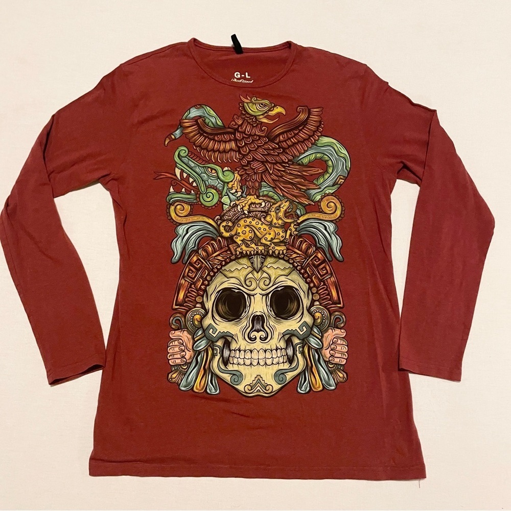 Ay Guey Mexico Mayan Mask Skull Graphic Tee Long Sleeve Large